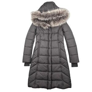 Sandova Womens Black Quilted Puffer Coat Faux Silver Fox Fur Hood XS Longline